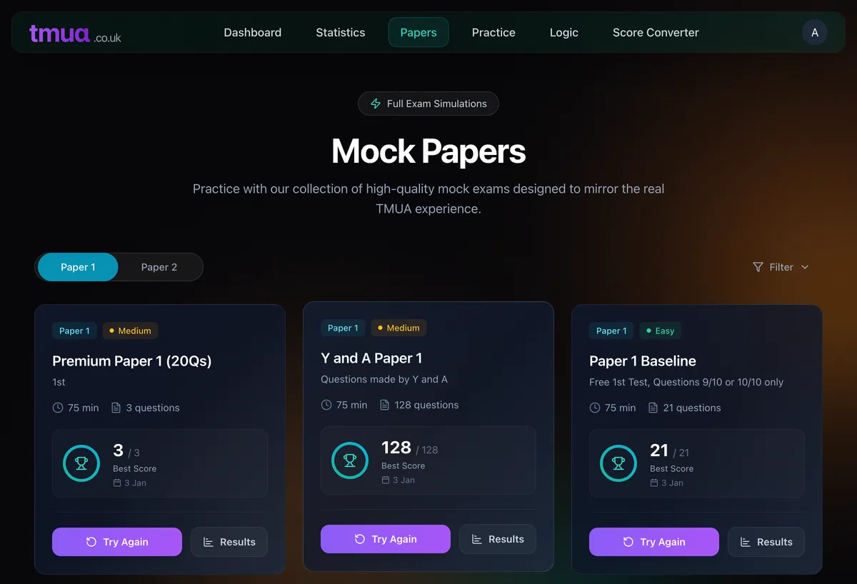 TMUA mock exam papers interface